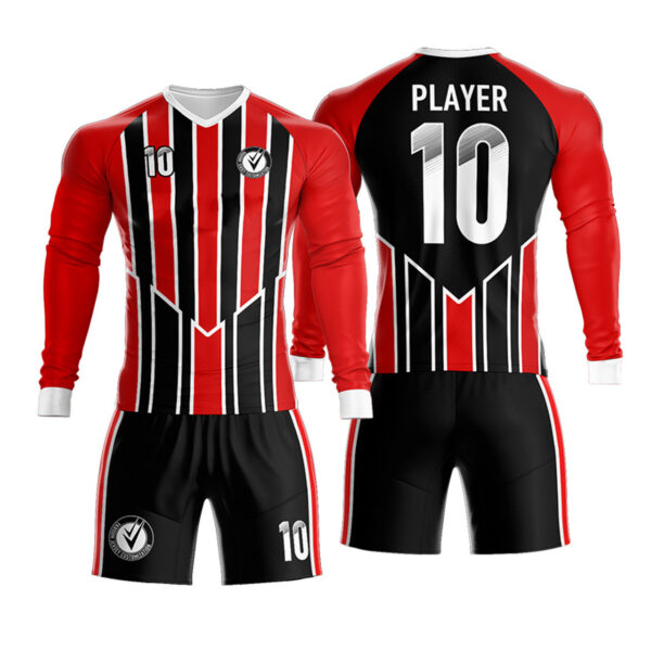 Custom black/red soccer team Goalkeeper uniforms with your team logo , name and number kids&men jerseys and shorts